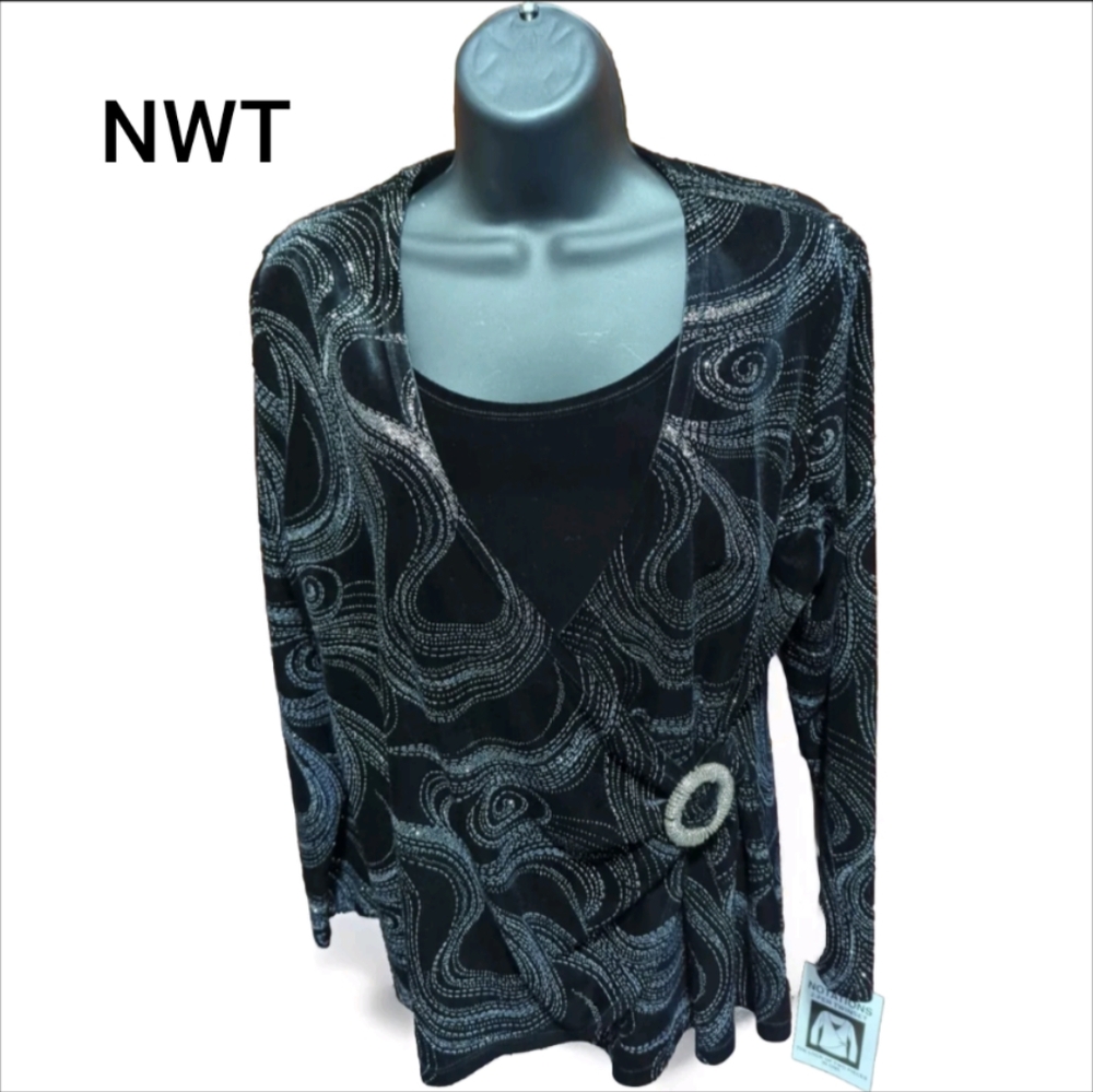 Notations Look Of 2 PCs Large Black Velvet W/Sparkles Surplice Top R Nec…